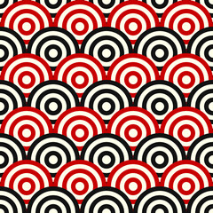 Fish scale wallpaper. Asian traditional ornament with repeated scallops. Repeated color circles and semicircles on white background. Seamless surface pattern design with rings. Vinyl motif. Vector. © funkyplayer