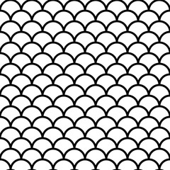 Fish scale wallpaper. Asian traditional ornament with repeated scallops. Repeated black curves on white background. Seamless surface pattern design with semicircles. Grid motif. Digital paper. Vector. © funkyplayer