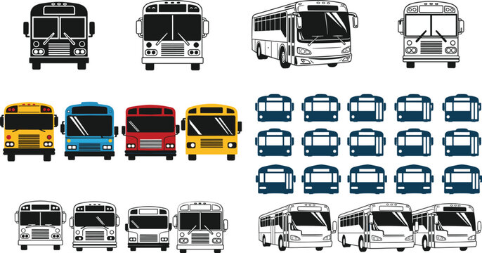 School and city bus icon set, front view transport vehicle collection with colored and outline styles for design