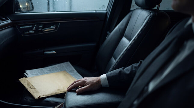 Businessman in suit holding bribe in envelope inside luxury car. Corrupt official accepting illegal payment. Financial crime, scandal and unethical business conduct in vehicle.