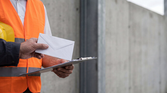 Man construction worker holding white envelope and clipboard at work site. Concept of bribery, corruption and illegal deal in industrial sector. Illegal payment to contractor at project.