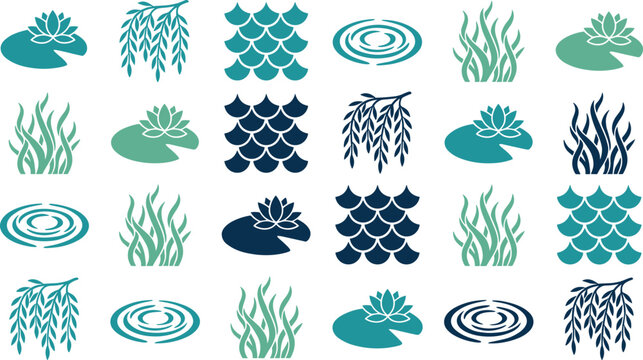 Hand-drawn Lotus, Water Ripple, and Water Lily Patterns Vector Set for Nature, Aquatic, and Floral Design Elements