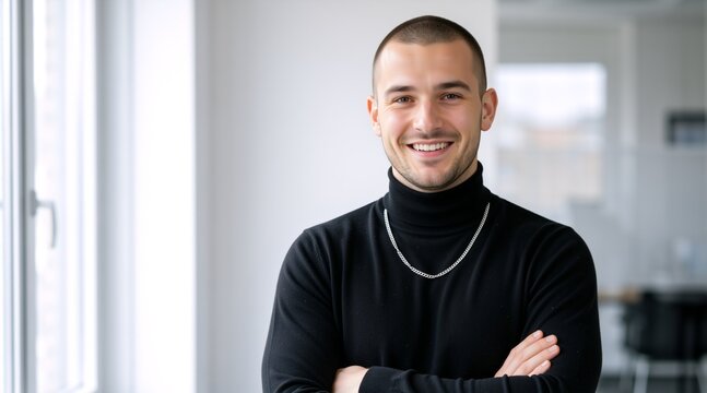 Portrait of a smiling confident young man with a buzz cut. Handsome male freelancer with arms crossed wearing a black turtleneck and silver chain in a bright modern office