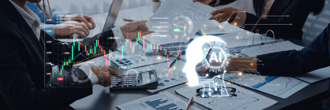 Futuristic financial technology concept features automated robot trader, quantitative analytics, and real-time stock market graph. Represents high frequency trading HFT and wealth management. Corpus