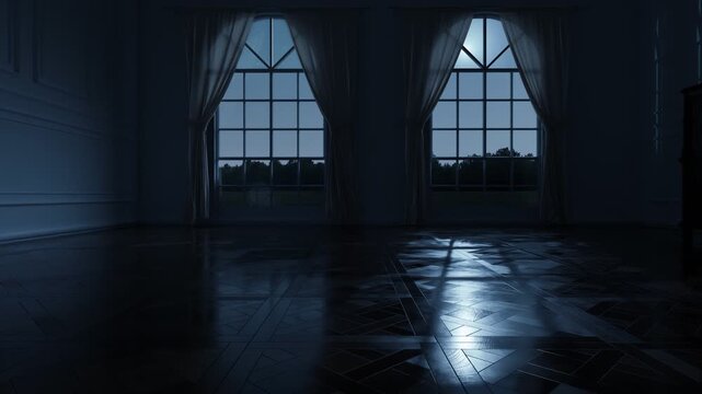 3d Animation of a classic spacious living room with paneling walls and versailles parquet in the moonlight