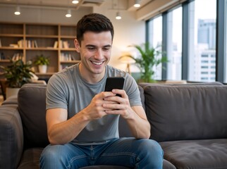 Obraz premium Happy young man using smartphone on sofa at home. Casual male sitting in living room with mobile phone. Relaxation and digital lifestyle concept