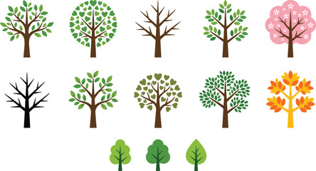 Fototapeta premium Stylized seasonal trees collection vector illustration set with spring summer autumn winter designs decorative nature icons isolated background