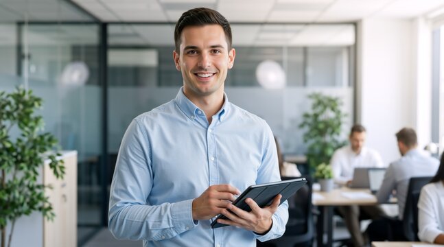 Smiling young businessman holding a digital tablet in a modern office. Professional male employee in a corporate workplace environment