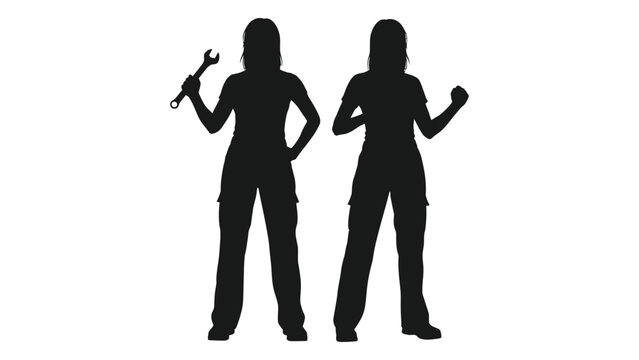 Two women silhouettes holding wrench and fist pump against white background