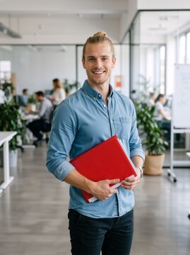 Smiling young businessman holding red folder in office. Professional man with man bun standing in modern workplace. Career and organization concept