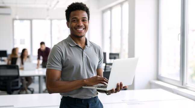 Young Black man in grey polo shirt using laptop in bright office. Smiling male professional working in modern startup environment. Technology and productivity concept