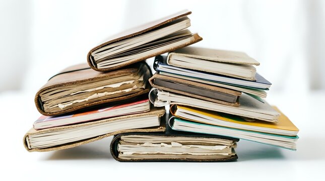 Stack of old worn books and notebooks piled on a white surface, soft light background, education and knowledge concept.