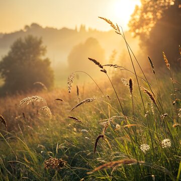 Golden sunrise over a misty summer meadow with wild grass
