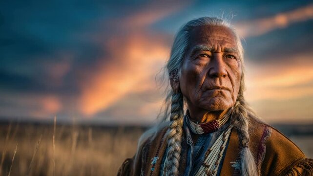 Native American man stands in open field during sunset with braided hair and traditional clothing