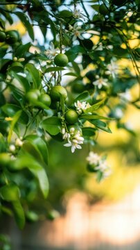 close-up of green limes and white citrus flowers on a lime tree branch in sunlit garden with soft bokeh background