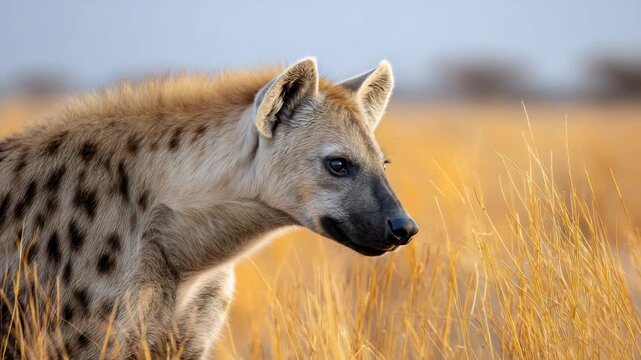 Hyena watches closely in the African savannah during the late afternoon