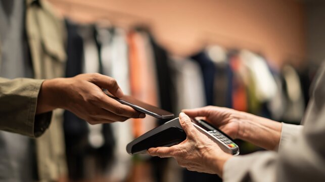 contactless mobile payment at boutique clothing store checkout &mdash; customer taps smartphone on card terminal for secure in-store purchase