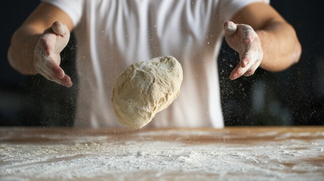 artisan baker tossing floured dough over wooden work surface with airborne flour dust, hands shaping bread or pizza