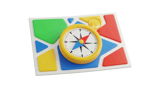 Vector illustration of 3d illustration of a compass placed on a puzzle board with colorful pieces on a transparent background