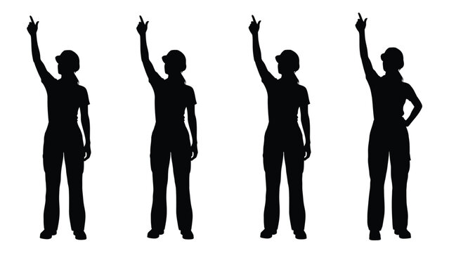 Four women silhouettes raising hands in victory gesture against white background