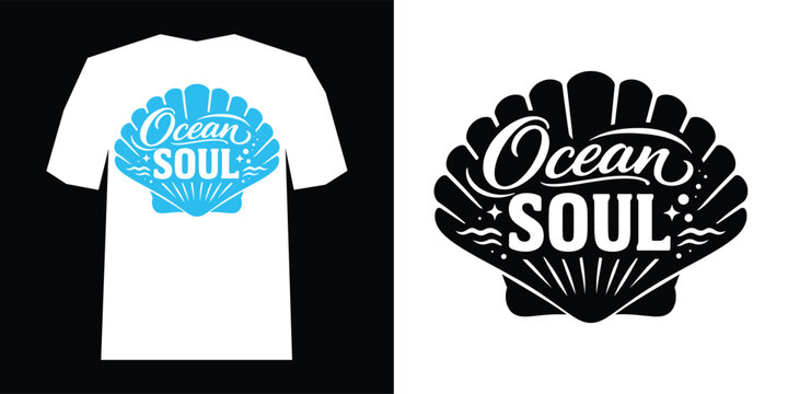 Ocean soul typography t shirt design mockup with seashell graphic