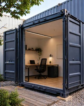 Open cargo container used as a compact office with desk, chair and laptop inside.