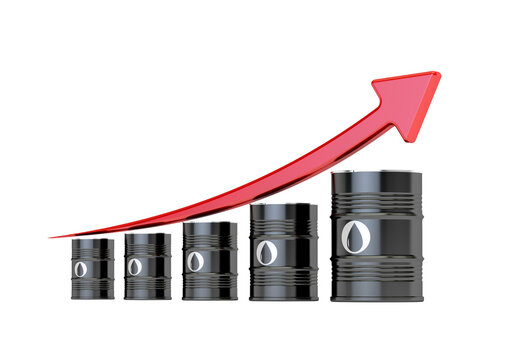 Oil barrels stack with red arrow pointing up, crude oil price increase concept isolated on transparent background PNG