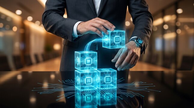 Digital Transformation: Businessman Interacting with AI Data Cubes