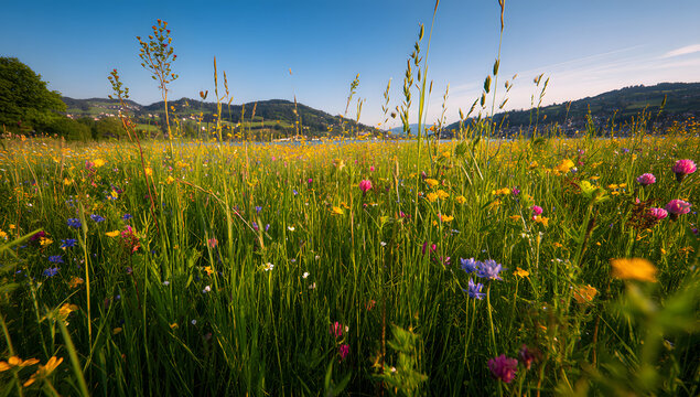 Springtime meadow scene in Zollikon, Zurich featuring vibrant greenery and wildflowers, ideal for environmental education or outdoor activities, Earth Day