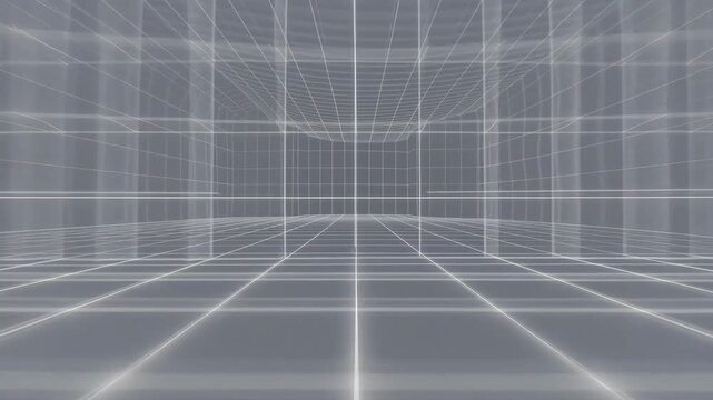 Empty illuminated grid room in futuristic digital style on neutral background, concept of technology space