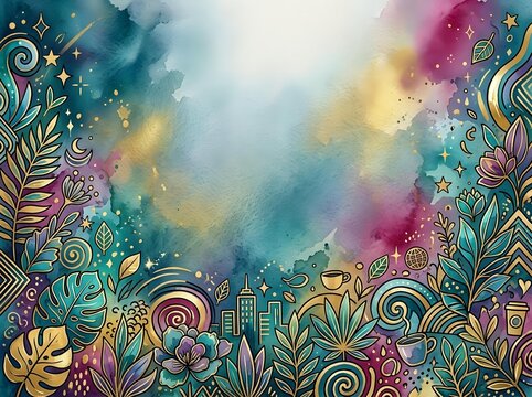 Colorful watercolor background with tropical leaves, flowers, and doodle elements in teal, gold, and pink tones with copy space.