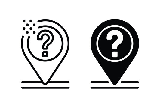Map pin location icon with question mark vector illustration, unknown destination symbol for navigation, GPS tracking, search, find, help support, and web interface UI design