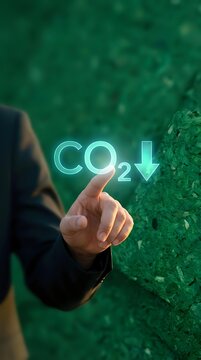 Hand pointing at glowing CO2 text with downward arrow against green natural background representing carbon dioxide reduction and environmental sustainability.