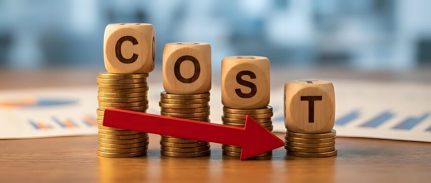 Wooden letter cubes spelling COST on stacked gold coins with a red downward arrow, symbolizing cost reduction and financial savings.
