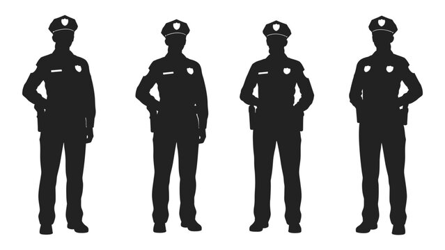 Police officer silhouettes standing with hands on hips black and white