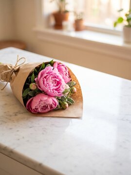 Pink peony bouquet wrapped in kraft paper on marble counter