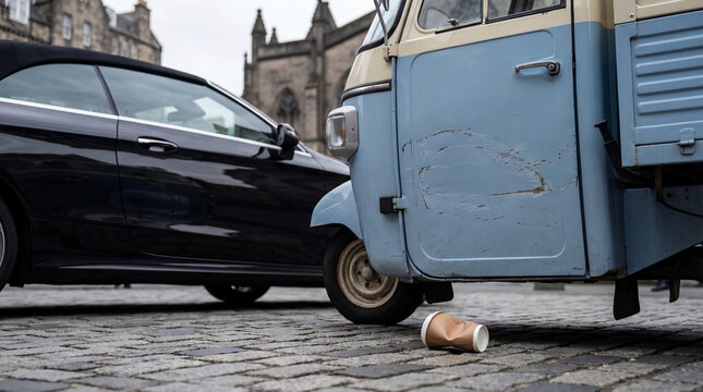 Scratched blue vehicle and black car parked on cobblestone street after collision. Traffic accident scene with damaged metal body. Insurance event claim and road safety concept.