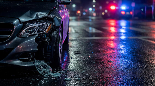 Damaged car after road accident on rainy night street. Crushed vehicle bumper and broken headlight. Emergency police flash light and insurance event concept for safety claim process.