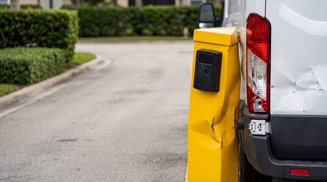 White van crashed into yellow security gate post. Road accident with vehicle damage and dented bumper. Insurance claim concept for traffic collision in a parking lot or gate entrance.