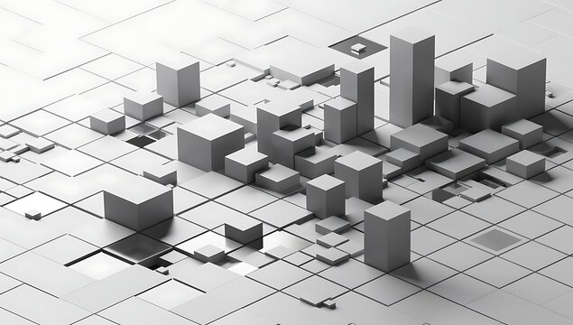 3D cityscape architectural model on grid paper background