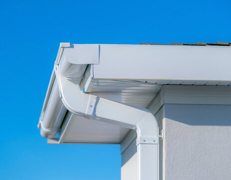 A white gutter and downspout system is installed on the exterior of a modern building, shown from a corner view with white pipes against a clear blue sky