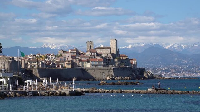Antibes Old Town, France, Seen from the Sea, with Picasso Museum Tower and Snow-Capped Alps