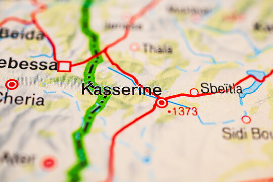 Close detail of Kasserine and Sbeitla on Tunisia road map.