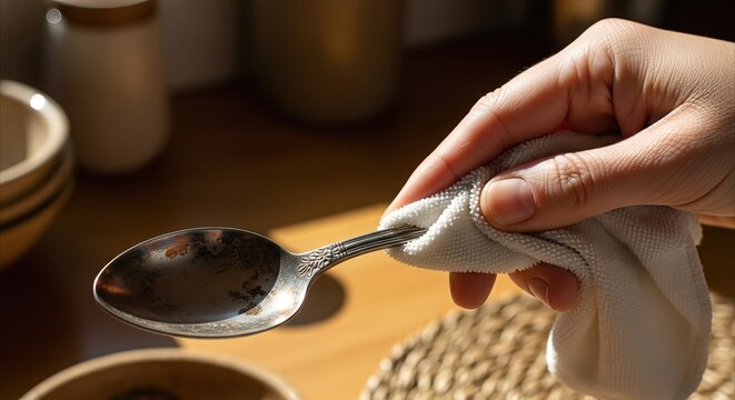 Hand polishing tarnished antique silver spoon with microfiber cloth, detailed craftsmanship, warm kitchen light