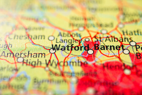 Detailed map featuring Watford and Barnet Greater London area.
