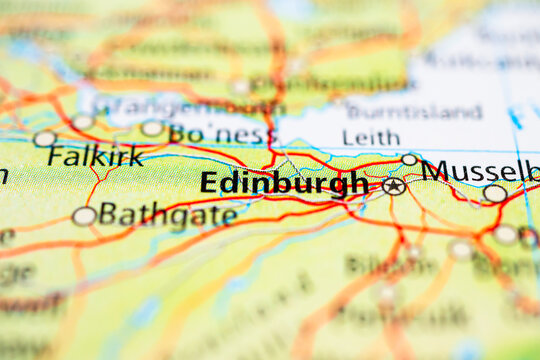 Close up of Edinburgh city highlighted on detailed Scottish road map.