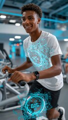 Naklejka premium Young athlete smiling during gamified rehabilitation with digital progress visuals