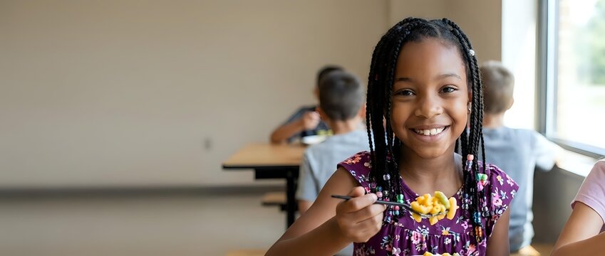 Smiling African American girl eating lunch at school cafeteria, happy child with braids enjoying meal, classmates in background.