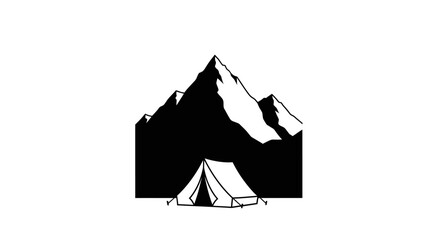 Minimalist black and white camping tent icon with mountain range silhouette. © Basma_Isyraq