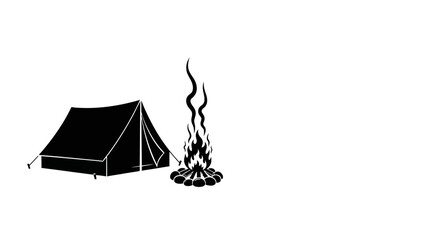 Black silhouette illustration of a camping tent and a burning campfire. © Basma_Isyraq